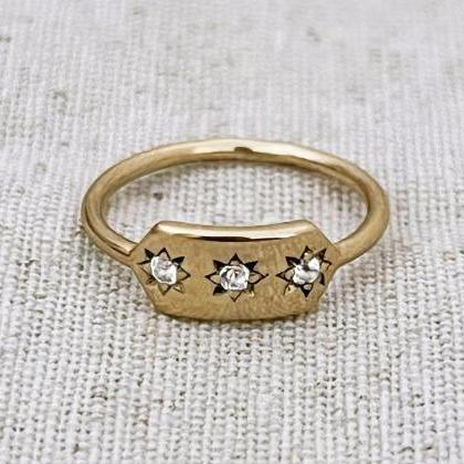 18k Diamond Signet Ring With Stars, Solid Gold..