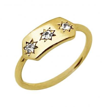 18k Diamond Signet Ring With Stars, Solid Gold..