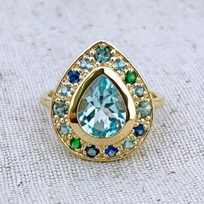 Pear Shape Blue Topaz Engagement Solid Gold Ring,..