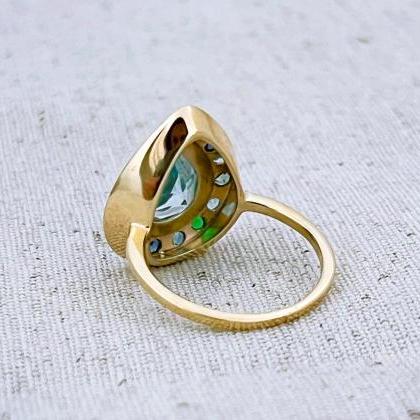 Pear Shape Blue Topaz Engagement Solid Gold Ring,..