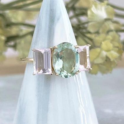 Green Amethyst Solid Gold Engagement Ring, 3..