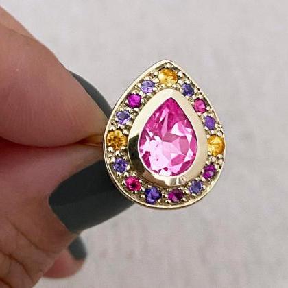 Solid Gold Engagement Ring With Pear Shape Pink..