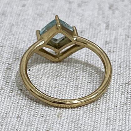 Solid Gold Engagement Ring With Princess Cut Blue..