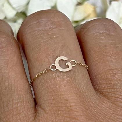 Solid Gold Letter Chain Ring, Personalised Dainty..