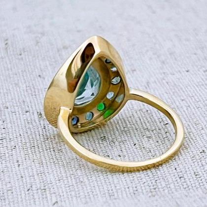 Engagement Solid Gold Ring And Pear Shape Blue..