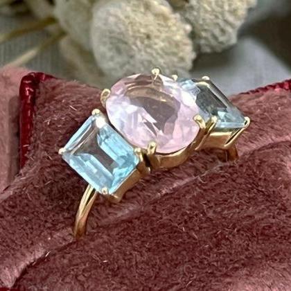 Solid Gold Rose Quartz Engagement Ring, 3 Natural..