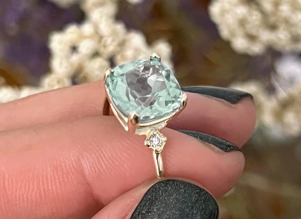 Engagement solid gold ring with cushion green amethyst, 18k art deco solitaire ring, Natural light green gemstone and diamond bridal ring