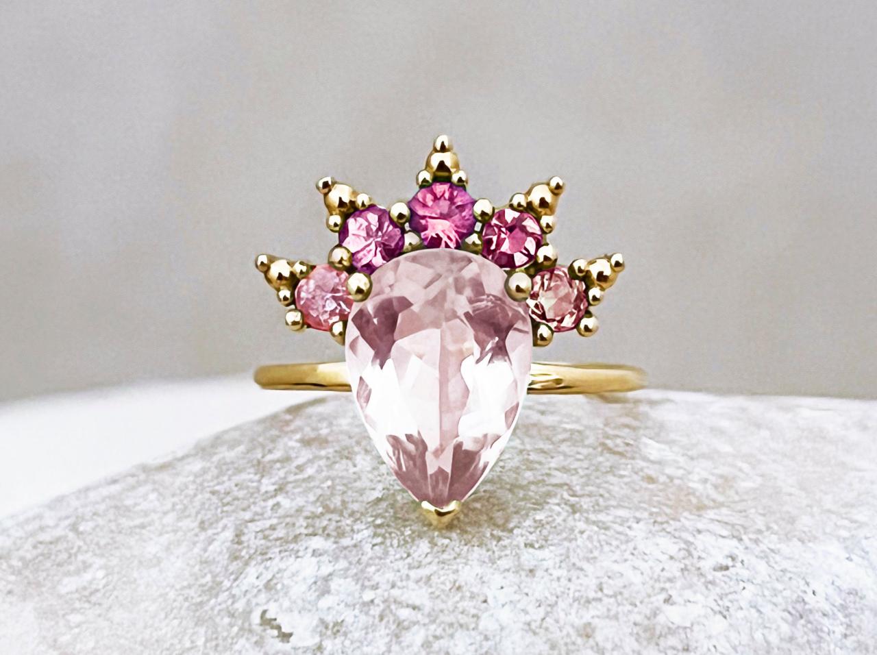Statement solid gold ring with pink quartz, Pear cut natural tourmaline engagement ring, 18k gemstone crown promise ring