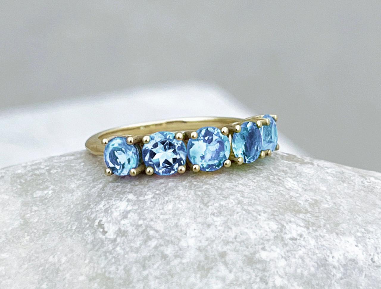 Solid Gold Engagement Ring With Blue Topaz, Bridesmaid Half Band Ring With Light Blue Gemstone, 18k Classic Prong Set Promise Ring