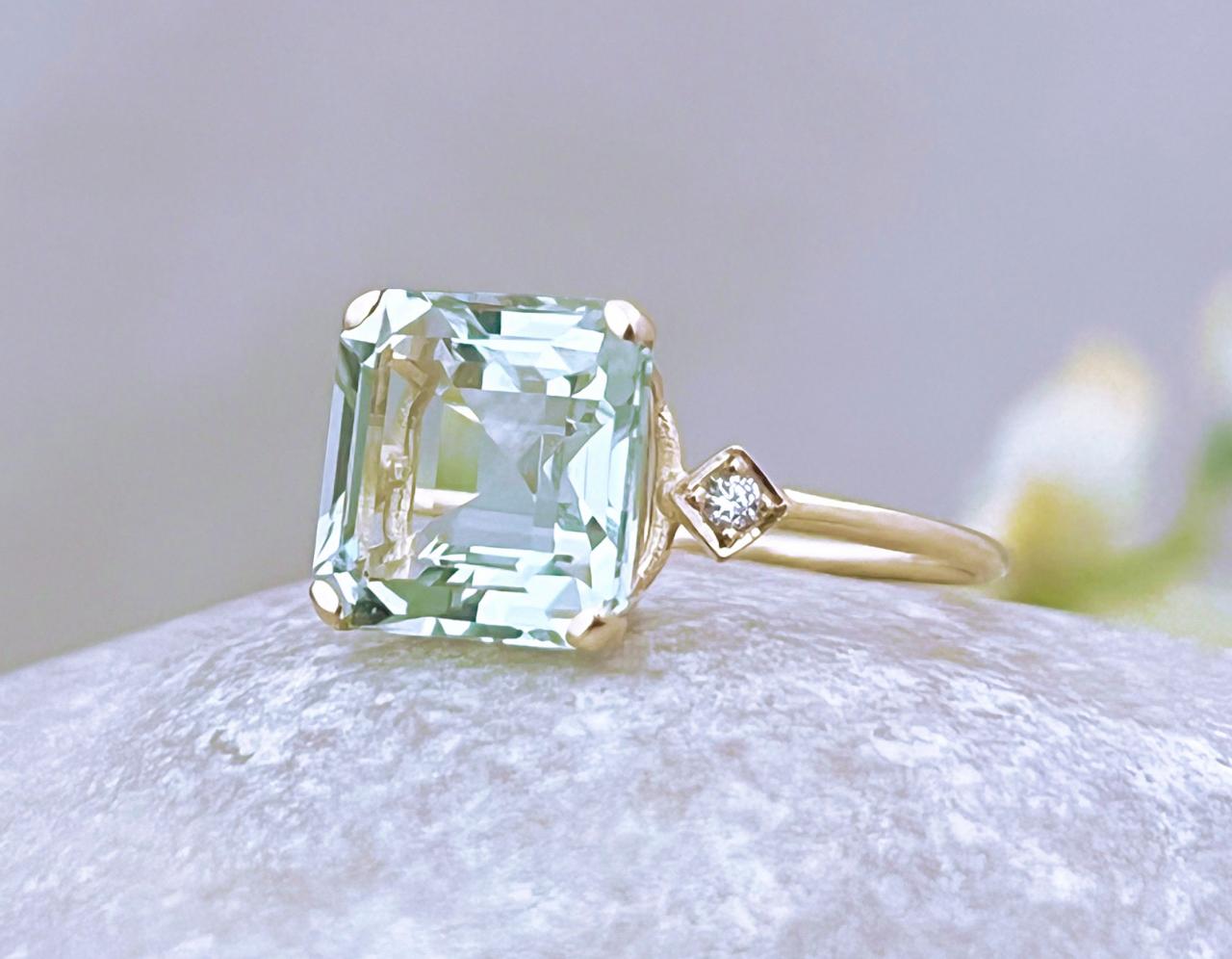 Solid Gold Asscher Cut Green Amethyst Engagement Ring, 18k Gold Art Deco Solitaire Ring, Light Green Gemstone And Diamond Bridal Ring