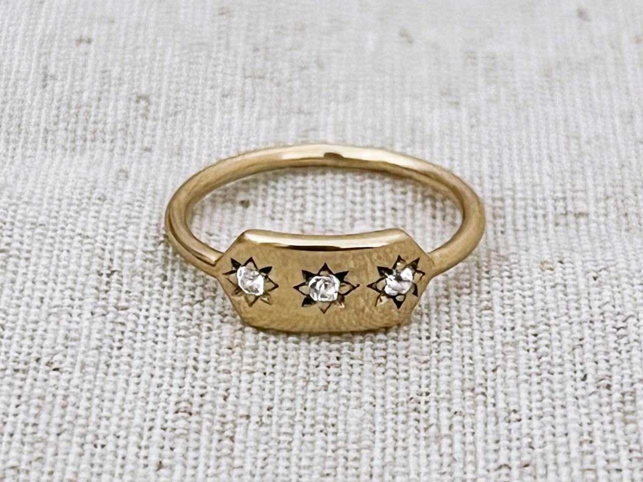 18k diamond signet ring with stars, Solid gold gemstones starburst ring, Celestial pinky ring women gift