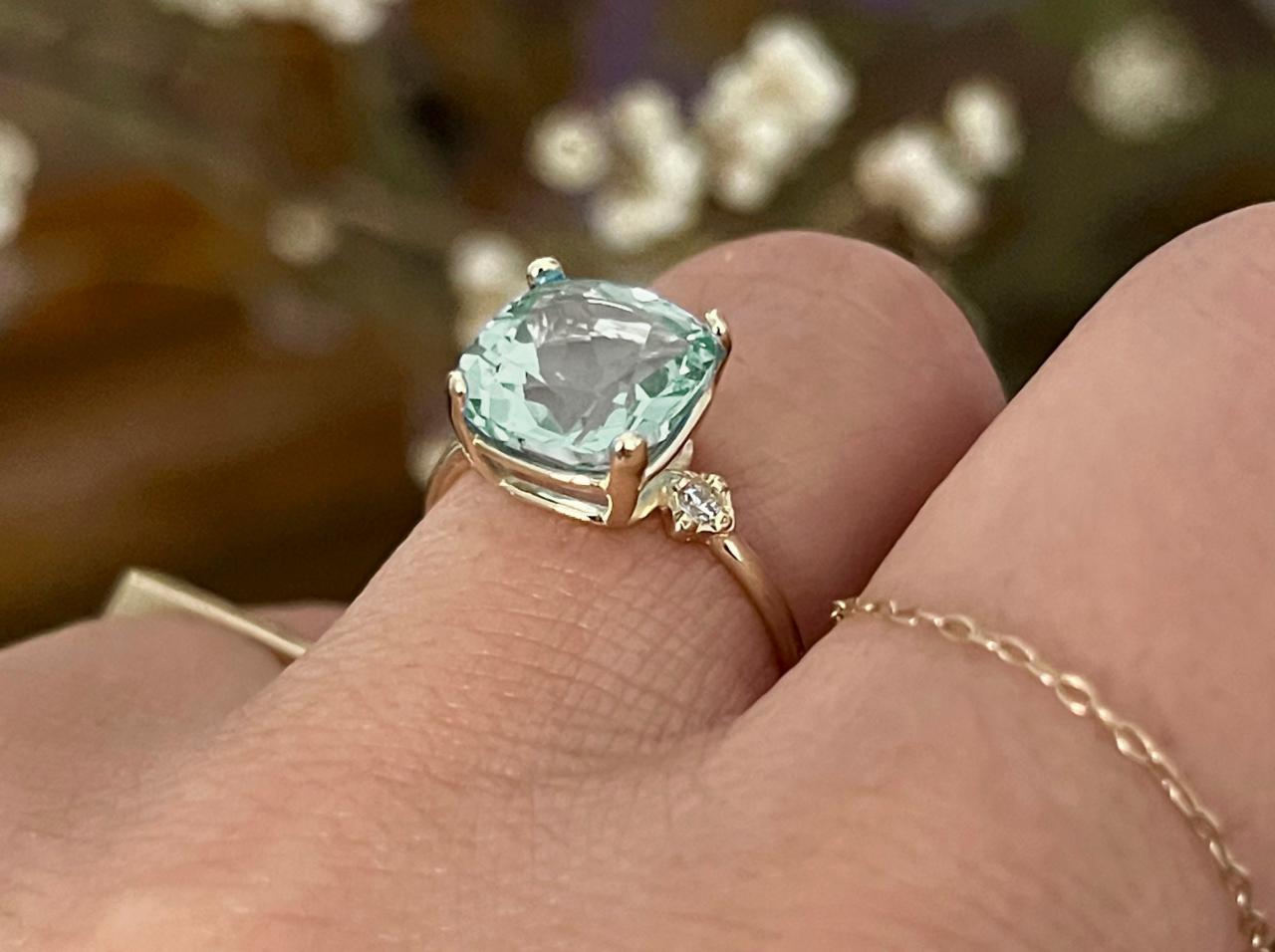 Solid gold cushion green amethyst engagement ring, 18k gold art deco solitaire ring, Natural light green gemstone and diamond bridal ring