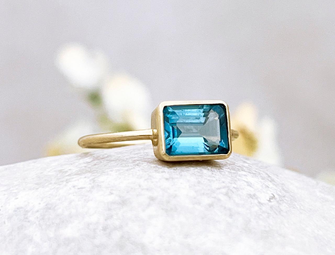 Gold Engagement Ring With Emerald Cut London Blue Topaz, Solitaire Natural Blue Gemstone Wedding Ring, 18k Dainty Bezel Set Ring