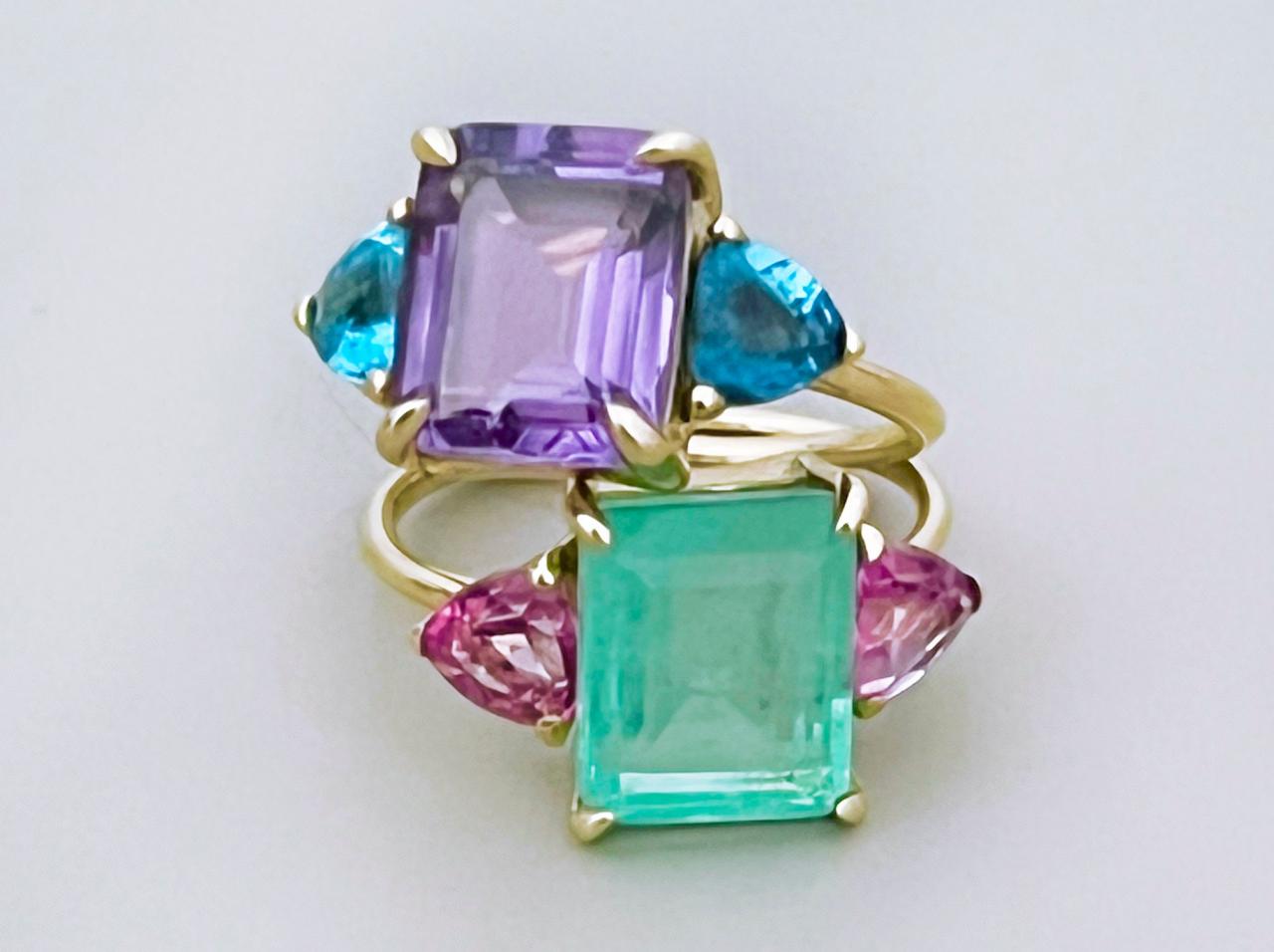 Solid Gold Emerald Cut Statement Ring, 9k/18k Delicate Promise Ring With Gemstones, 3 Natural Stone Engagement Ring.