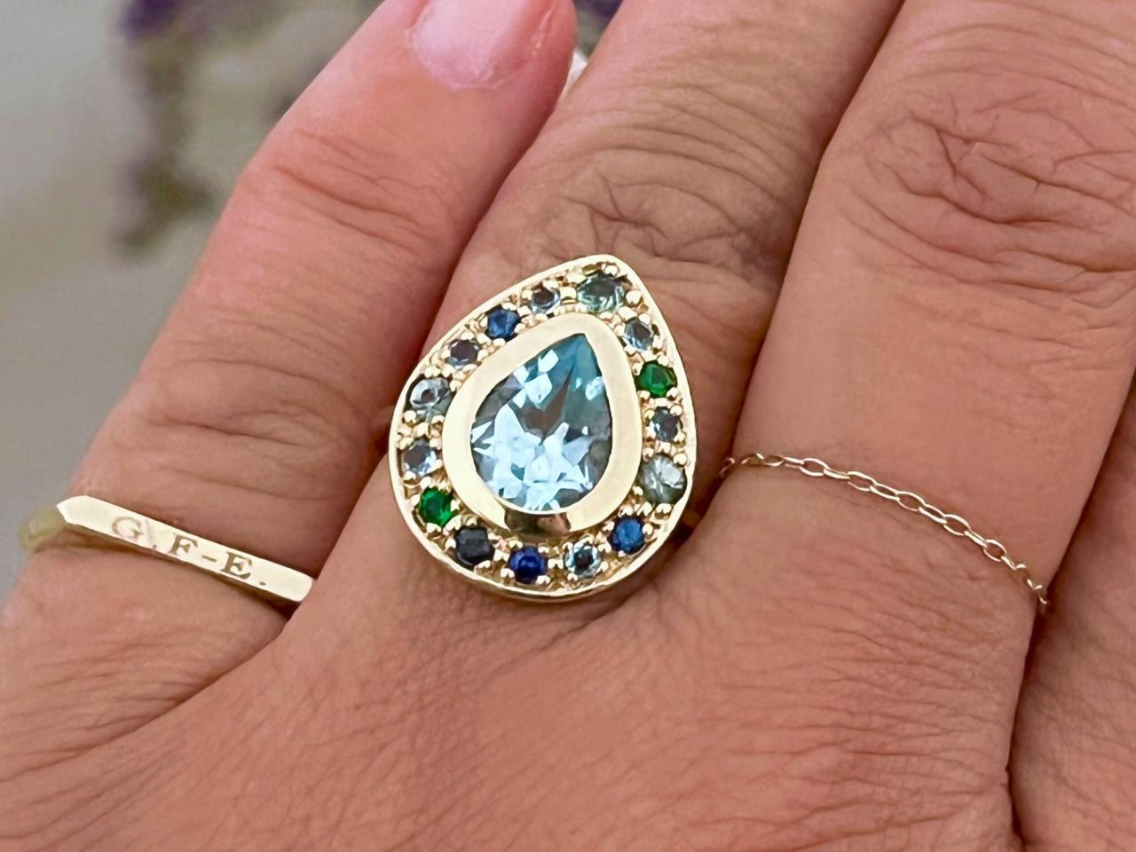 Pear Shape Blue Topaz Engagement Solid Gold Ring, 9k/18k Gold Halo Gemstones Dainty Promise Ring, Victorian Natural Sapphire Large Ring