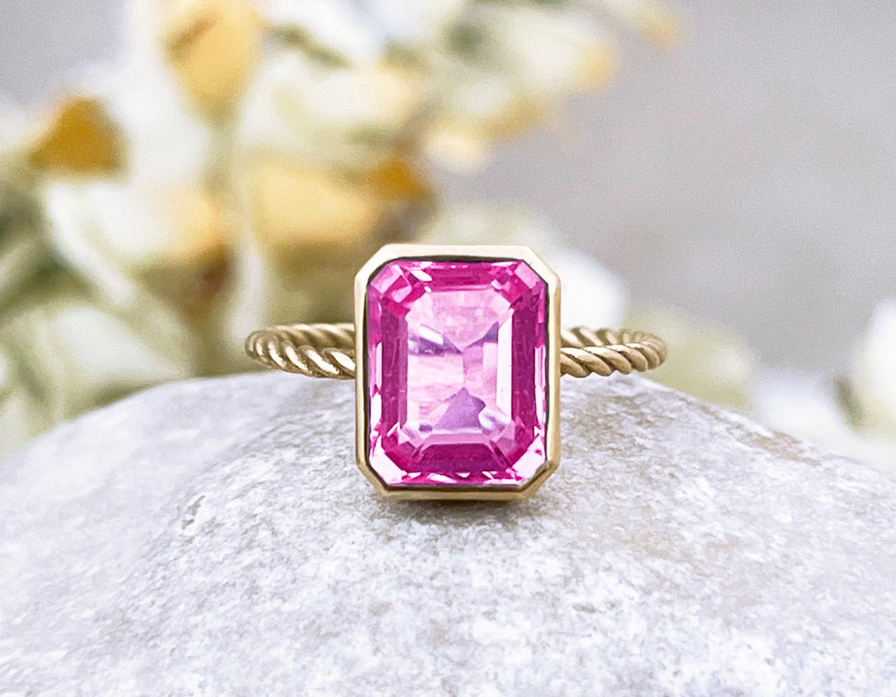 Solid gold engagement ring with emerald cut Pink topaz, natural rose stone promise ring, 18k modern solitaire twist ring