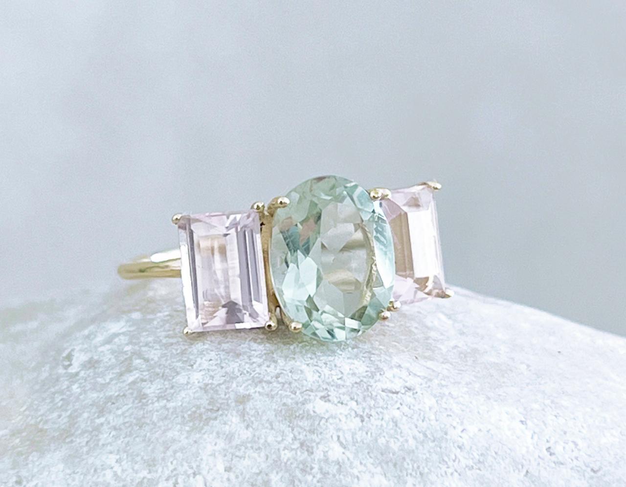 Green Amethyst Solid Gold Engagement Ring, 3 Natural Stone Statement Promise Ring, 18k Classic Rose Quartz Ring