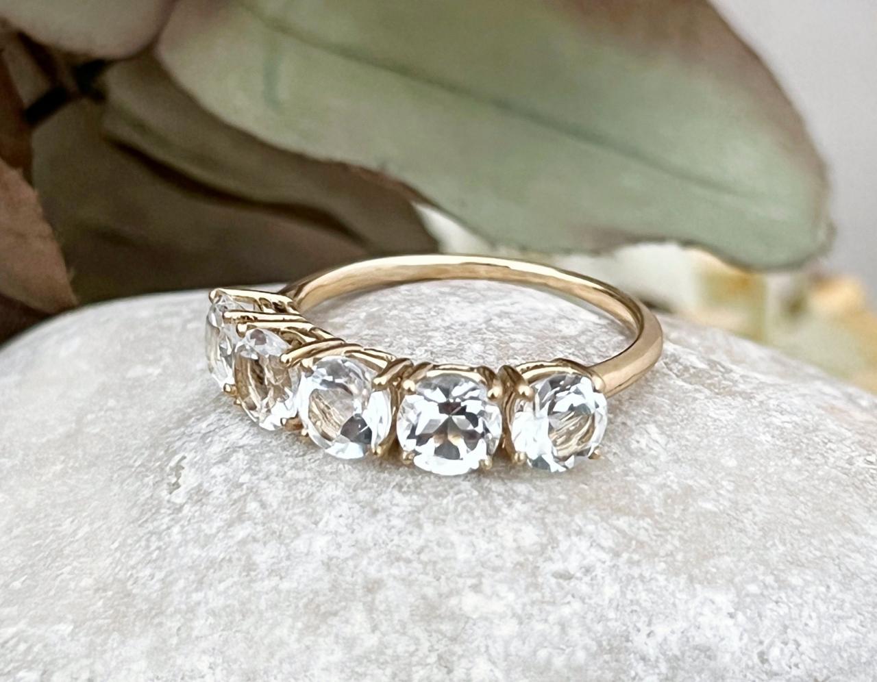 Solid gold engagement ring with white topaz, Natural gemstone wedding half band ring, 18k gold classic statement ring