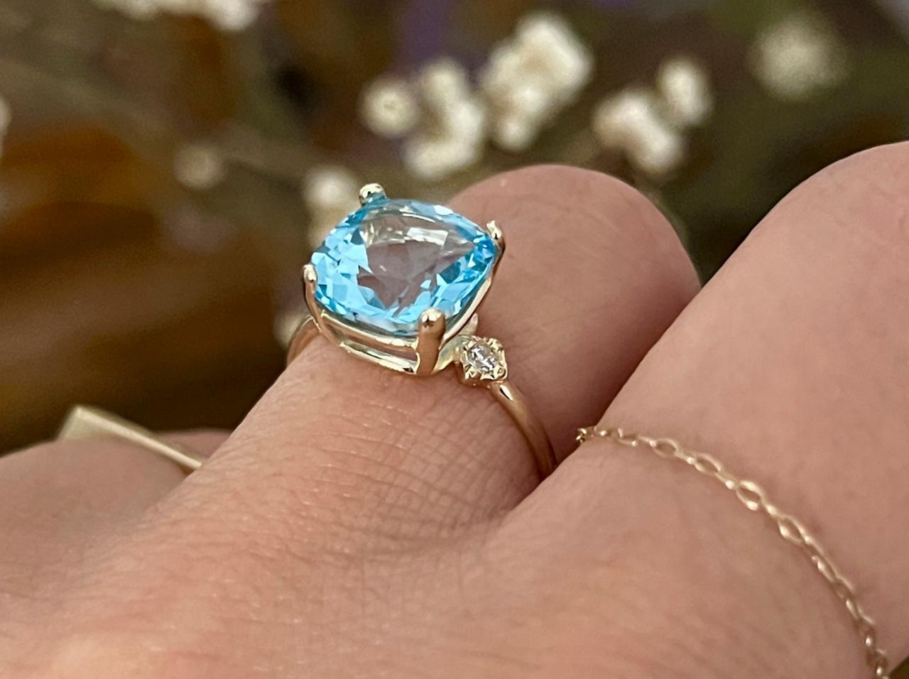 Solid gold engagement ring with cushion blue topaz, natural light blue gemstone and diamond bridal ring, 18k gold art deco solitaire ring