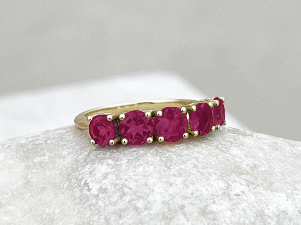 Solid gold engagement ring with natural ruby, Wedding half eternity gemstone ring, 9k/18k round stones prong set promise ring