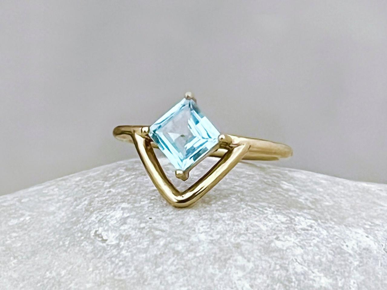 Solid Gold Engagement Ring With Princess Cut Blue Topaz, Solitaire Natural Blue Gemstone Bridal Ring, Gold November Gemstone Ring