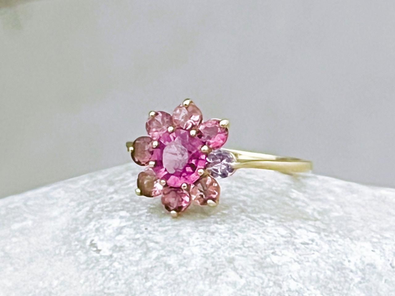Solid Gold Floral Shape Garnet Engagement Ring, Halo Pink Tourmaline Dainty Bridal Ring, 18k Vintage Flower Ring