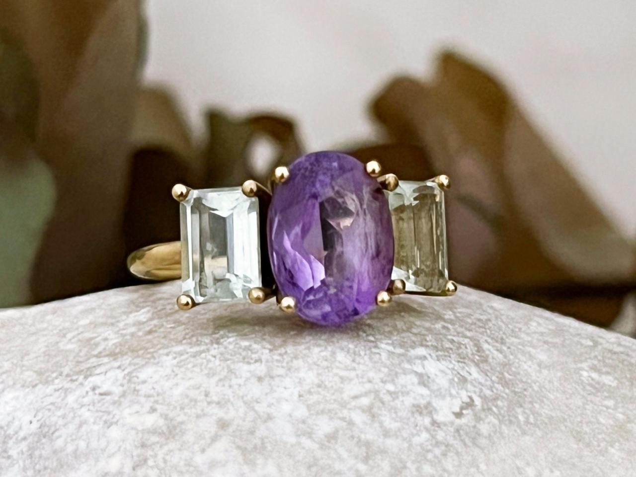  Amethyst solid gold engagement ring, 9k/18k Classic Green Gemstone Ring, 3 natural stone statement promise ring