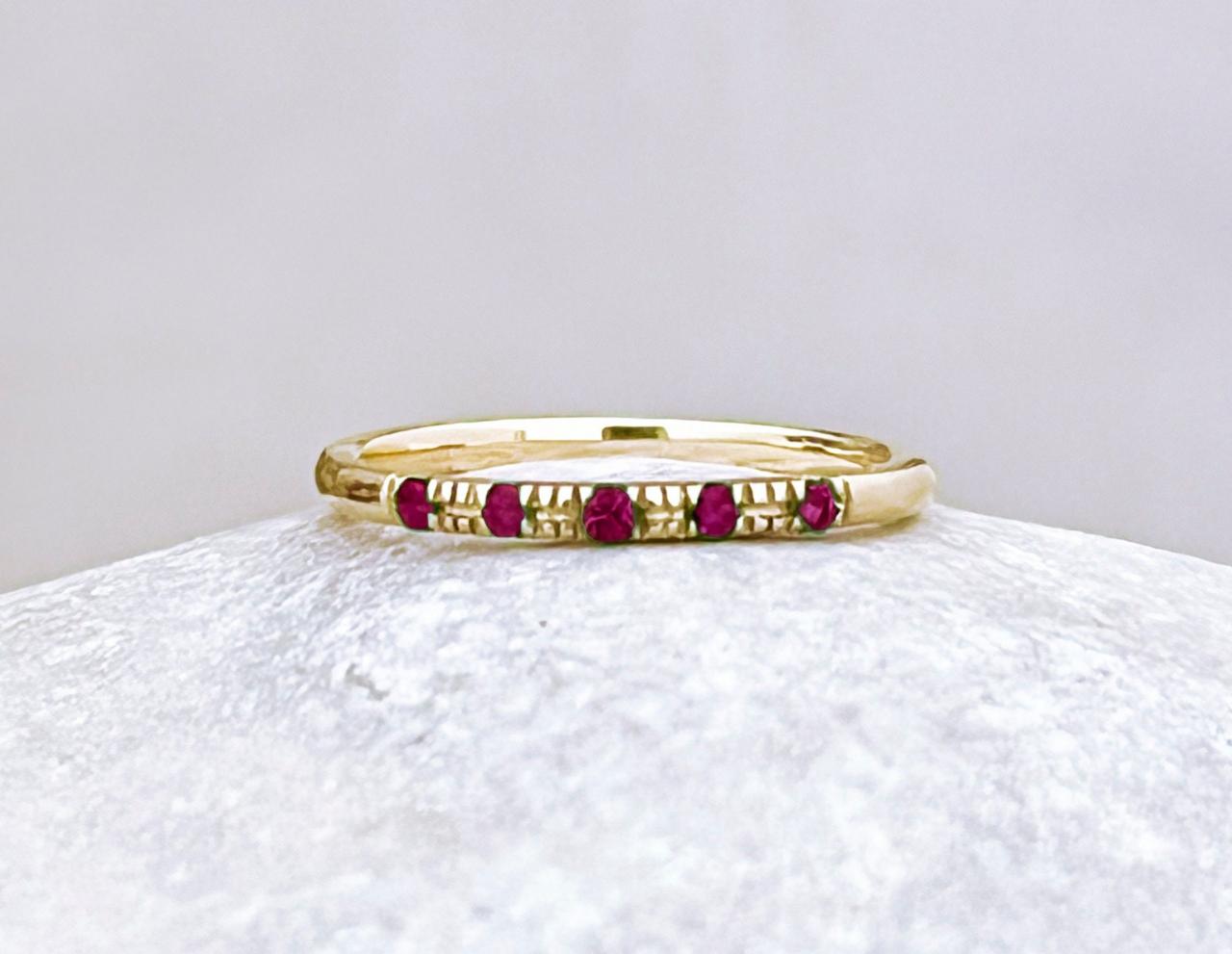Wedding Solid Gold Band With Ruby Stones, 18k Delicate Stacking Ring, Natural Gemstones Minimalist Promise Band Ring