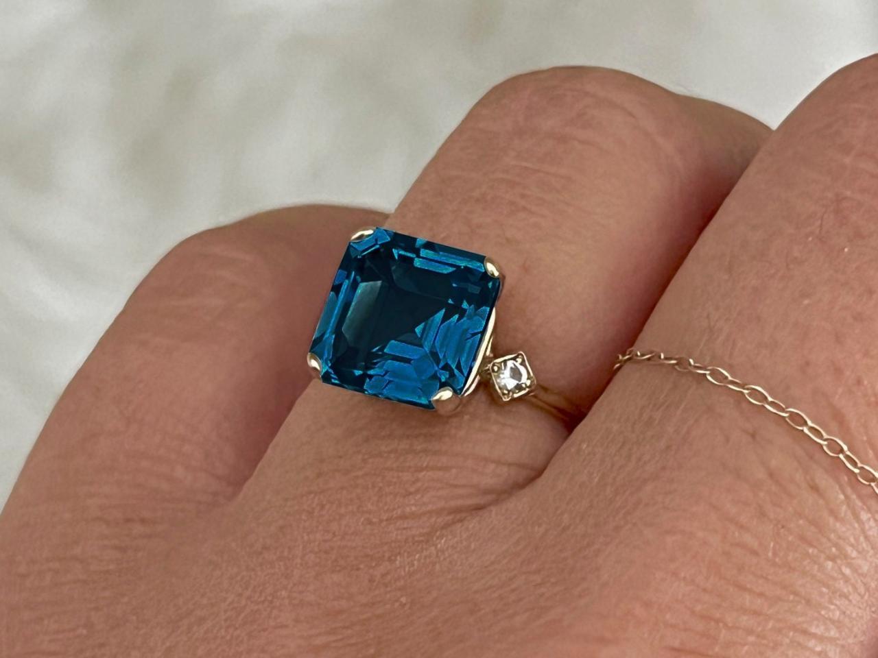  Engagement solid gold ring with asscher London Blue topaz, Natural blue gemstone and diamond bridal ring, 18k Art Deco solitaire ring