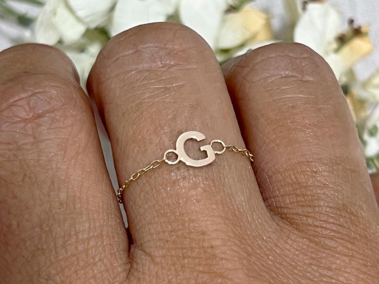 Solid Gold Letter Chain Ring, Personalised Dainty Initial Link Ring, 9k Custom Stackable Ring