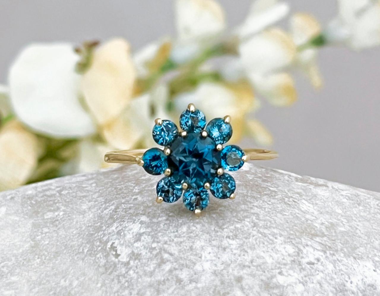 Floral Shape Solid Gold Engagement Ring With London Blue Topaz, Halo Gemstone Dainty Bridal Ring, 18k Vintage Flower Ring