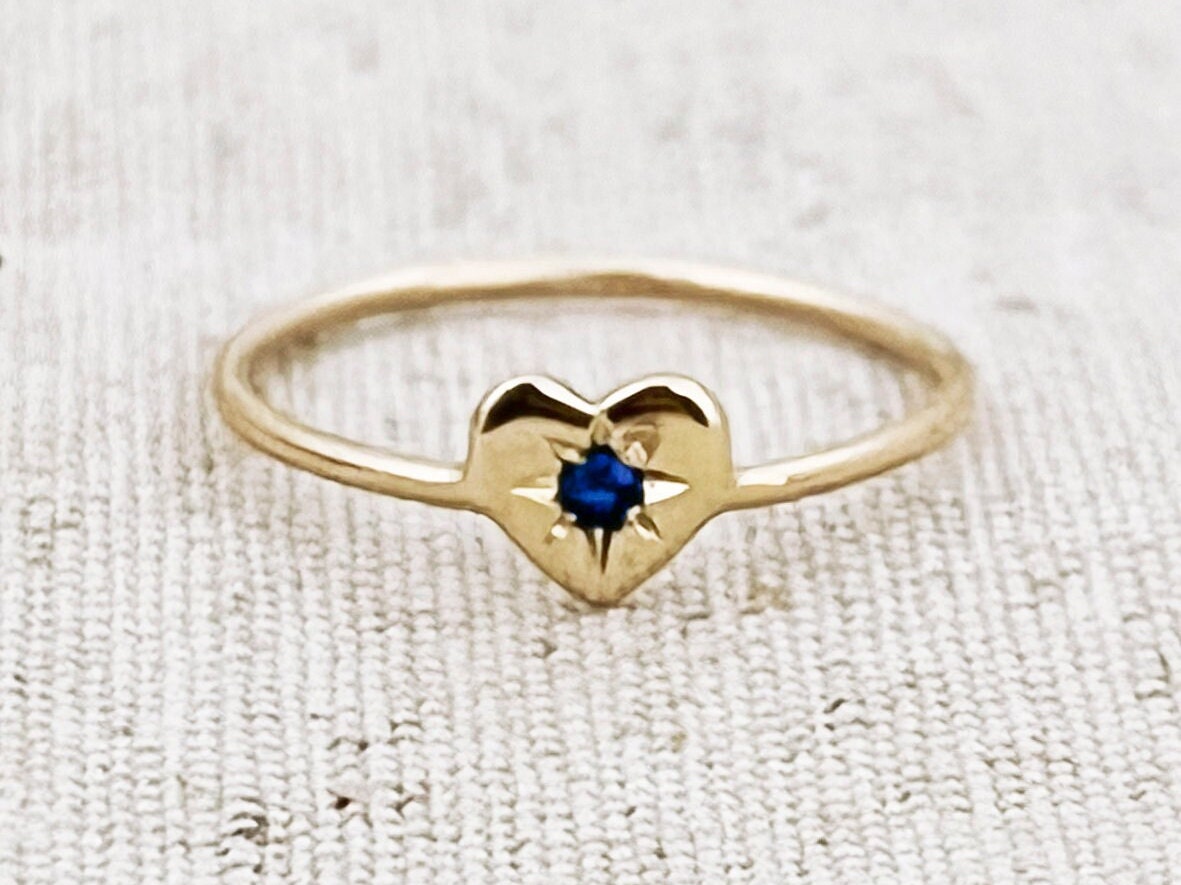  18k solid gold promise heart ring, Birthstone natural sapphire delicate engagement ring, Minimalist blue gemstone stacking solitaire ring