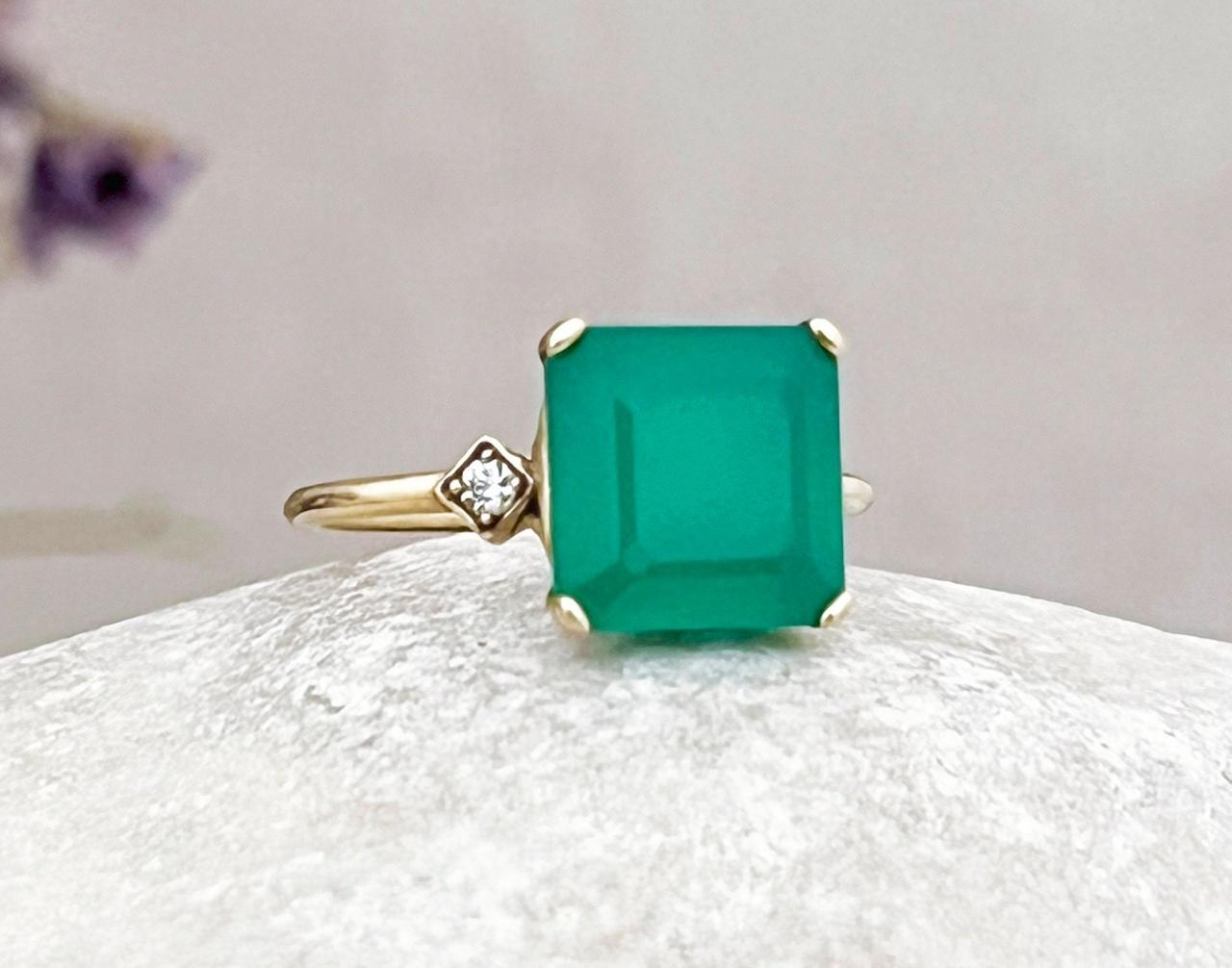  Solid gold engagement ring with asscher green chalcedony, Green quartz gemstone and diamond bridal ring, 18k gold art deco solitaire ring