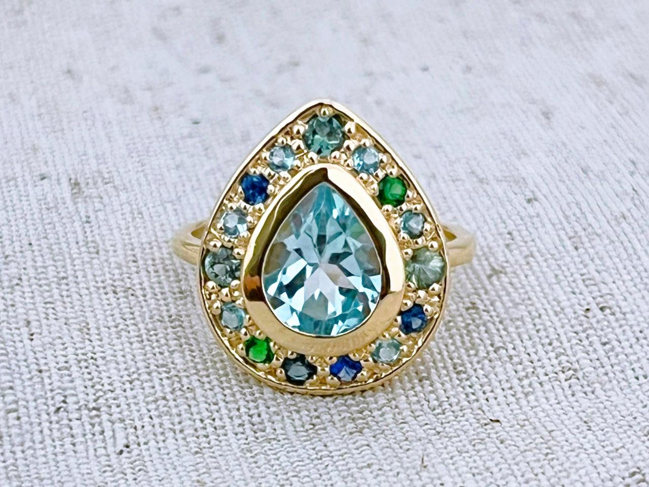 Engagement Solid Gold Ring And Pear Shape Blue Topaz, Halo Gemstones Dainty Promise Ring, 18k Gold Victorian Natural Sapphire Large Ring