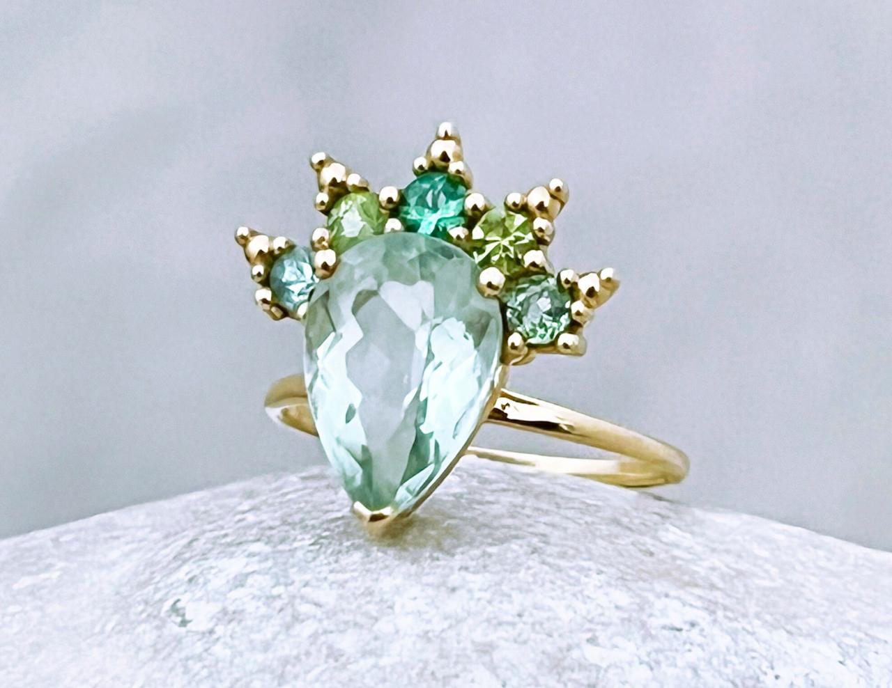  Solid gold engagement ring with green amethyst, Pear shaped natural tourmaline statement ring, 18k gemstone crown promise ring