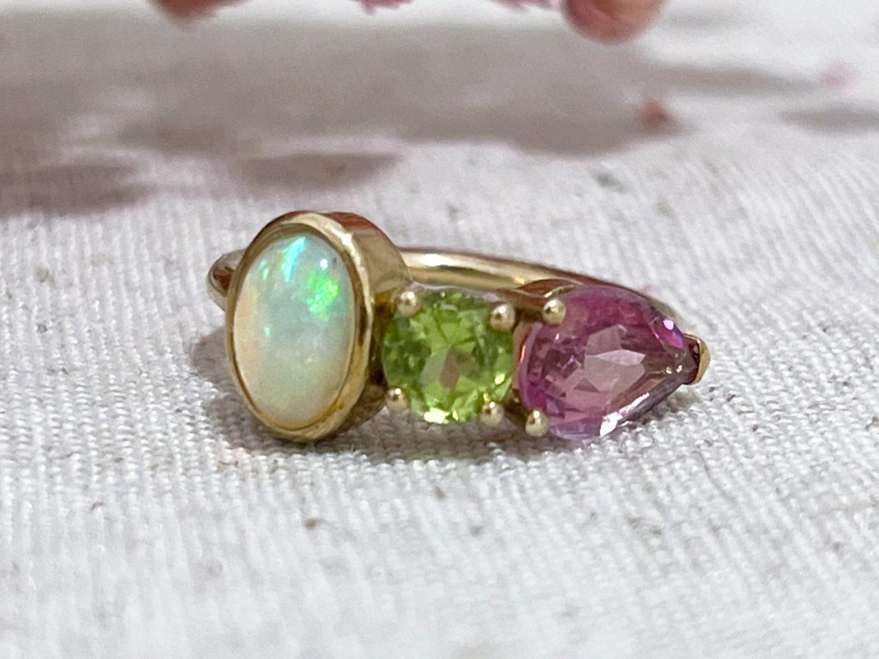 Solid Gold Engagement Ring With 3 Multicolor Stones, Colored Multi Gemstone Bridesmaid Ring, 9k/18k October Birthstone Ring