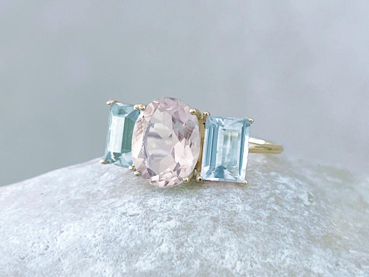  Solid gold rose quartz engagement ring, 3 natural stone statement promise ring, 18k classic blue topaz ring