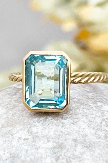 Blue Topaz Solid Gold Solitaire Engagement Ring, Natural Emerald Cut Light Blue Stone Proposal Ring, 18k Modern Style Twist Ring