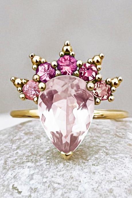 Statement solid gold ring with pink quartz, Pear cut natural tourmaline engagement ring, 18k gemstone crown promise ring