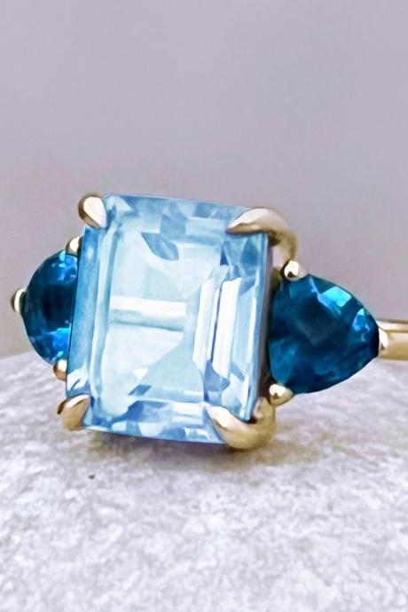 Solid gold engagement ring with emerald cut blue topaz, London Blue topaz bridal ring, 18k 3 natural stone promise ring