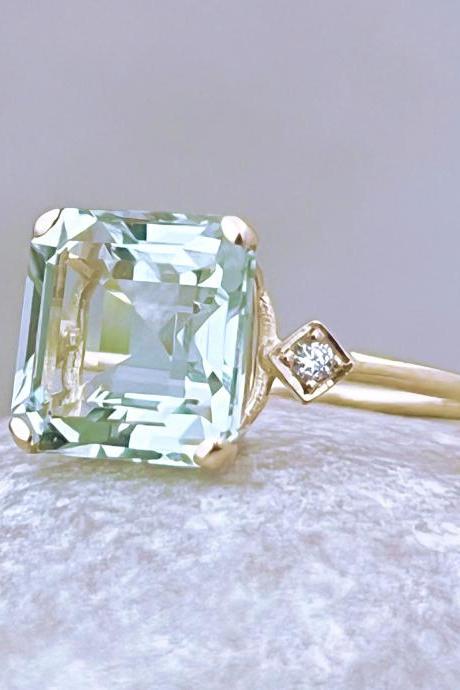 Solid Gold Asscher Cut Green Amethyst Engagement Ring, 18k Gold Art Deco Solitaire Ring, Light Green Gemstone And Diamond Bridal Ring