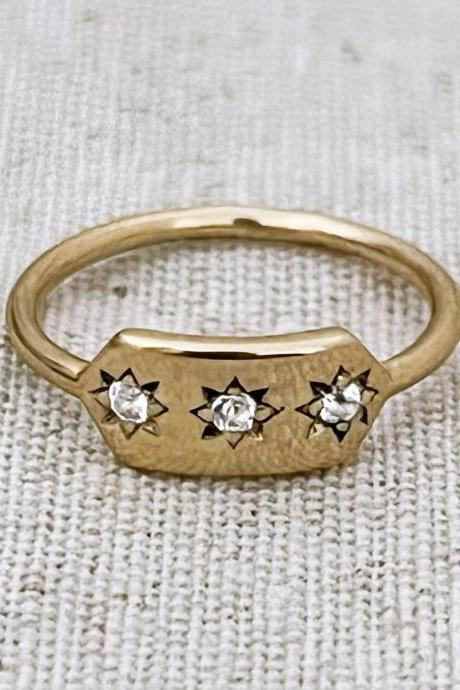 18k Diamond Signet Ring With Stars, Solid Gold Gemstones Starburst Ring, Celestial Pinky Ring Women Gift