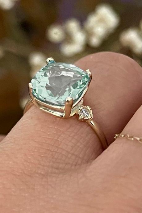 Solid Gold Cushion Green Amethyst Engagement Ring, 18k Gold Art Deco Solitaire Ring, Natural Light Green Gemstone And Diamond Bridal Ring
