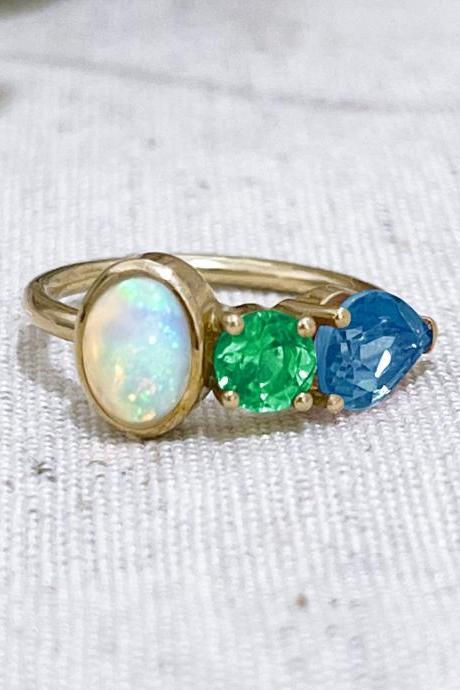Solid gold engagement ring with multicolor stones, coloured gemstones wedding ring, 9k/18k october birthstone ring.
