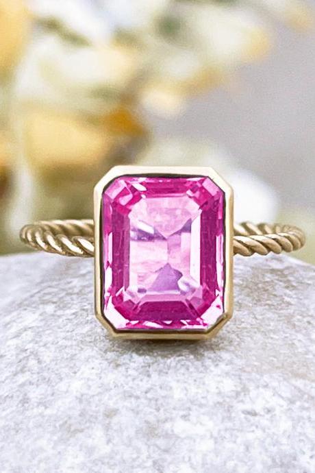Solid gold engagement ring with emerald cut Pink topaz, natural rose stone promise ring, 18k modern solitaire twist ring