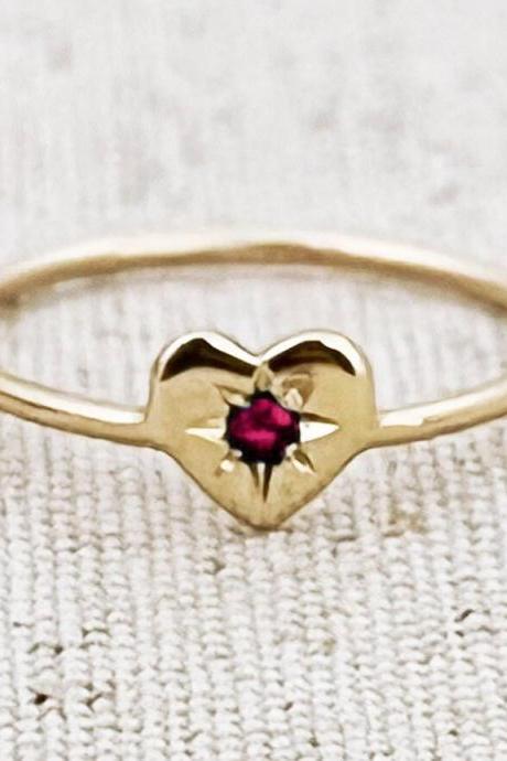 Engagement 18k solid gold heart ring, Minimalist gemstone stacking solitaire ring, Birthstone natural ruby delicate promise ring