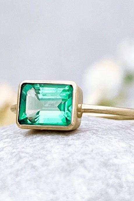 Engagement Solid Gold Ring With Green Quartz, Emerald Cut Solitaire Statement Ring, 9k/18k Dainty Bezel Set Ring