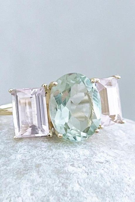 Green Amethyst Solid Gold Engagement Ring, 3 Natural Stone Statement Promise Ring, 18k Classic Rose Quartz Ring