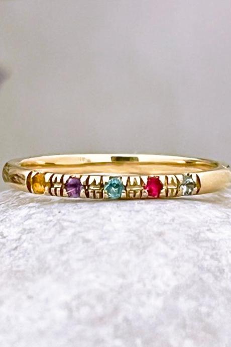 Solid Gold Multicolor Natural Gemstones Wedding Ring, Coloured Stones Delicate Engagement Ring, 18k Dainty Stackable Ring.