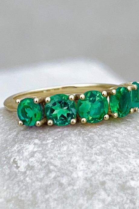 Solid Gold Engagement Ring With Natural Emerald, Wedding Half Band Ring With Green Stones, 9k/18k Classic Prong Setting Promise Ring
